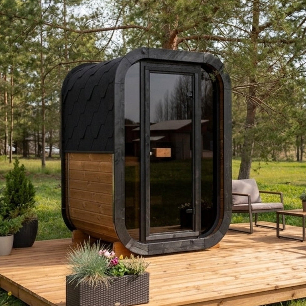 Sauna ogrodowa R-SONIA 130 z piecem WiFi – zestaw PREMIUM dla 1–2 osób (termo sosna)