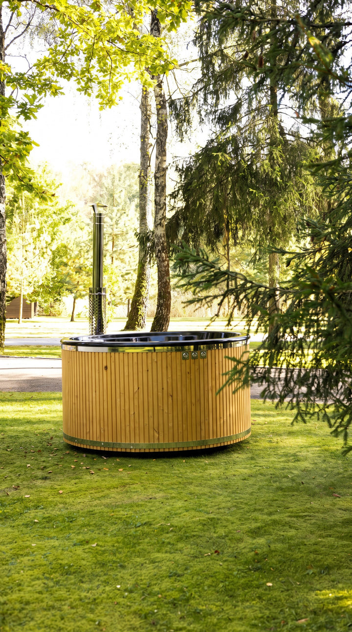 Balia z piecem wewnętrznym RANTA 225 w kolorze miodowym – drewniana obudowa ze świerku, komin wyprowadzony z wnętrza balii