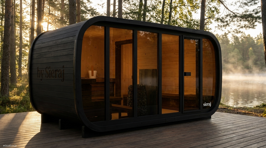 Sauna by Sieraj – czarna sauna ogrodowa z przyciemnianym pełnym przeszkleniem i grawerem by Sieraj nad jeziorem