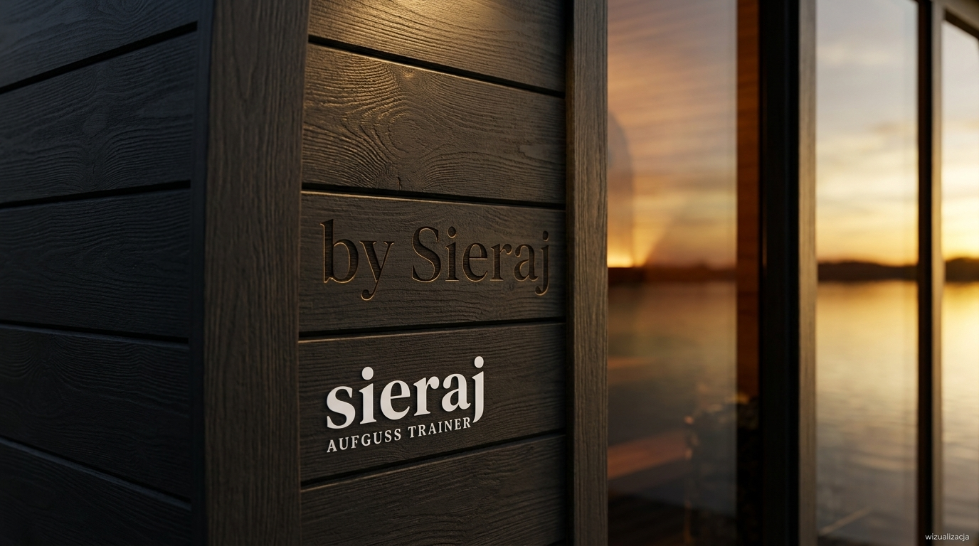 Grawer by Sieraj i logo Sieraj na czarnym termodrewnie – detal limitowanej sauny ogrodowej Radka Sieraja