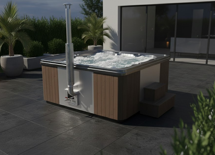 Jacuzzi drewniane Premium 240 wieczorem na tarasie nowoczesnego domu – bąbelki hydromasażu i stalowy komin pieca na drewno