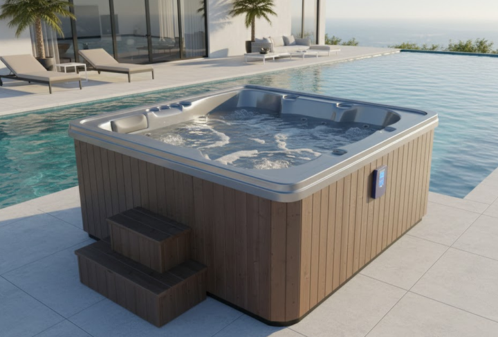 Jacuzzi z hydromasażem Premium 220 na tarasie z basenem i widokiem na morze – panel sterowania na obudowie z termodrewna