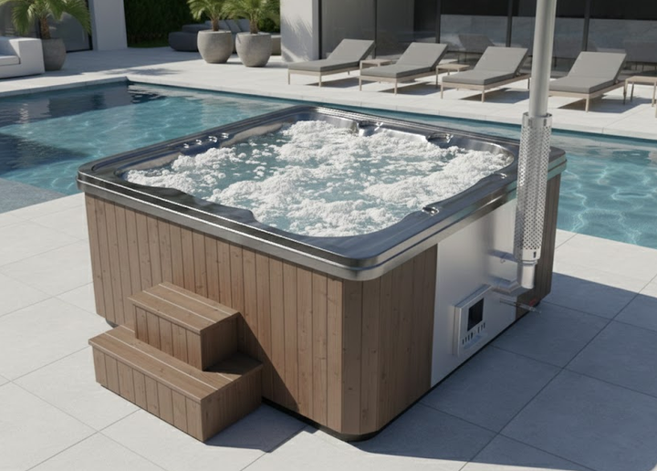 Jacuzzi z hydromasażem Premium 240 w działaniu – spieniona woda, drewniane schodki i komin pieca przy basenie z leżakami