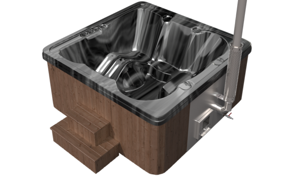 Jacuzzi z piecem na drewno Premium 240 na białym tle – zintegrowany piec ze stali nierdzewnej, wkład z siedziskami i schodki