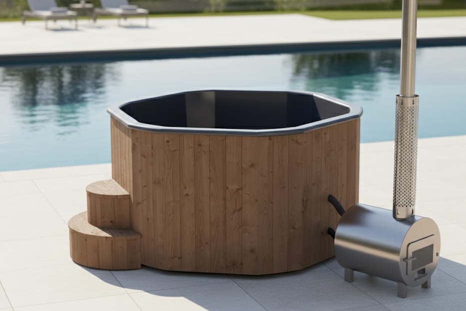 Wanna HEXAGON 180 z piecem i hydromasażem – sześciokątne SPA dla 6 osób