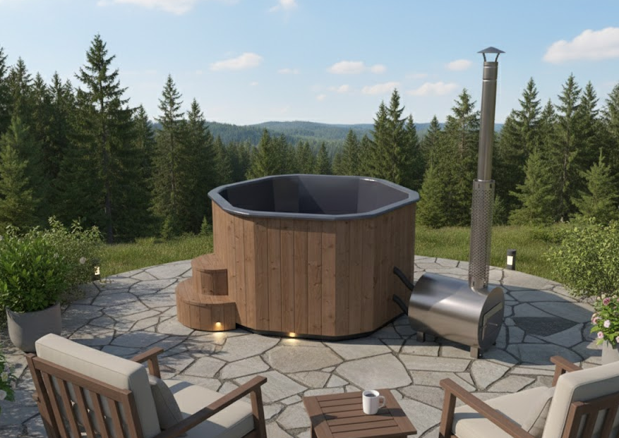 Wanna HEXAGON 180 z piecem i hydromasażem – sześciokątne SPA dla 6 osób