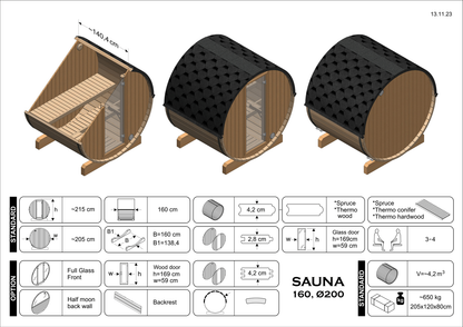 Sauna zewnętrzna ogrodowa beczka EDA 160 dla 3-4 osób