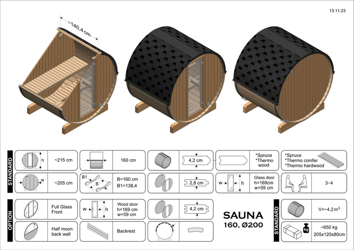 Sauna zewnętrzna ogrodowa beczka EDA 160 dla 3-4 osób