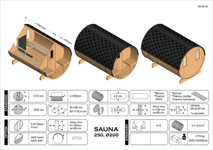 Sauna zewnętrzna ogrodowa beczka EDA 250 dla 6-8 osób