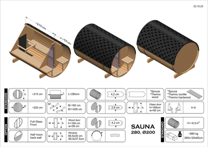Sauna zewnętrzna ogrodowa beczka EDA 280 dla 6-8 osób
