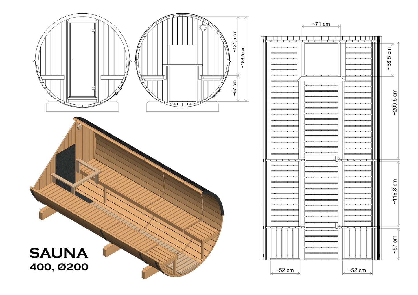 Sauna zewnętrzna ogrodowa beczka EDA 400 dla 6-8 osób
