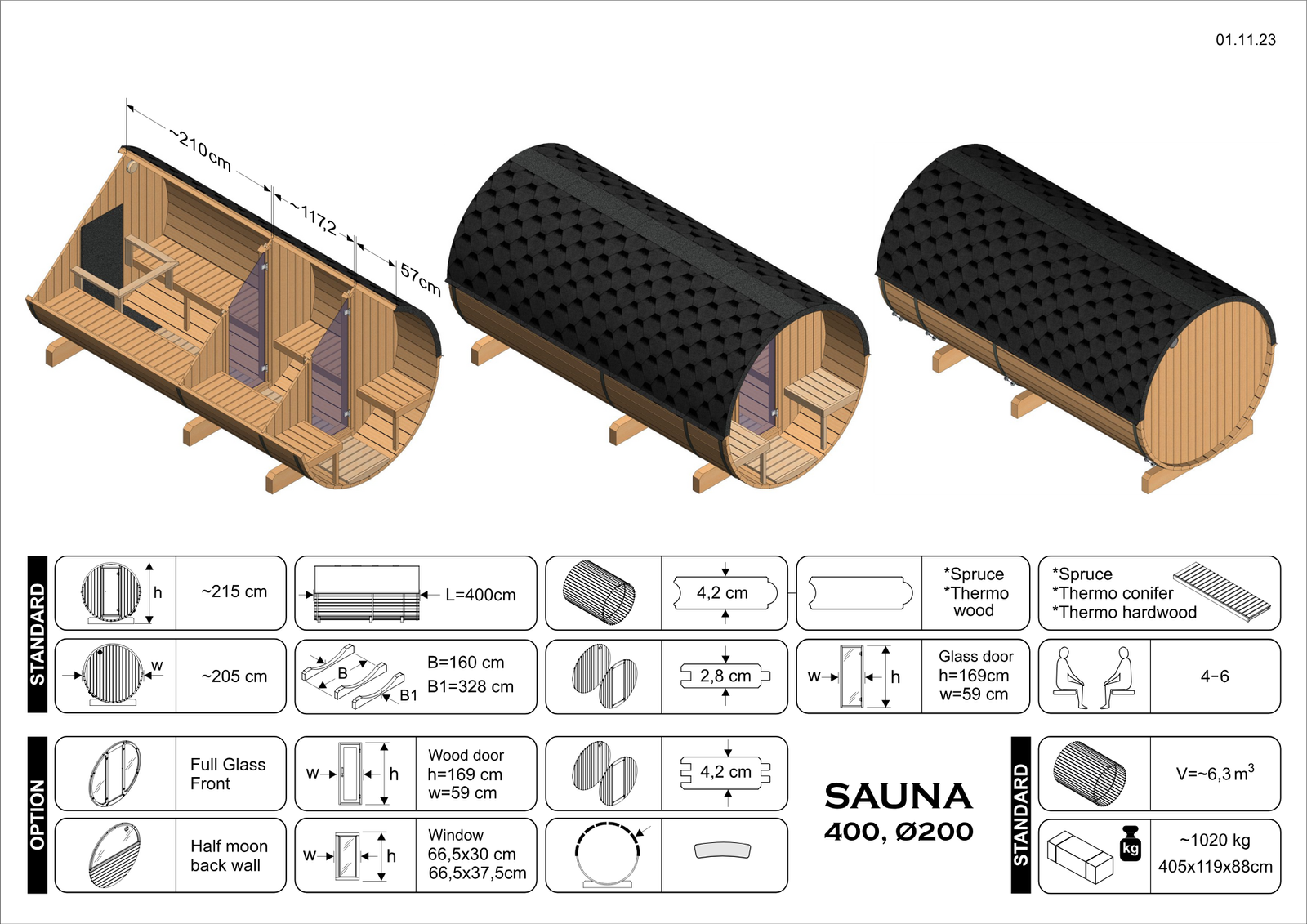 Sauna zewnętrzna ogrodowa beczka EDA 400 dla 6-8 osób