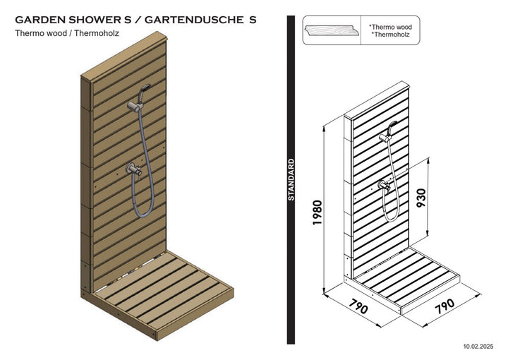 Prysznic ogrodowy VD02 – rysunek techniczny z wymiarami: wysokość 1980 mm, brodzik 790 × 790 mm