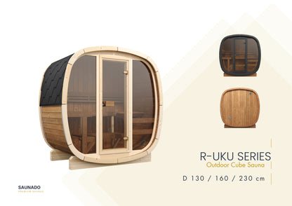 Sauna ogrodowa beczkowa R-UKU 130 ze świerku nordyckiego — render z przeszklonym frontem