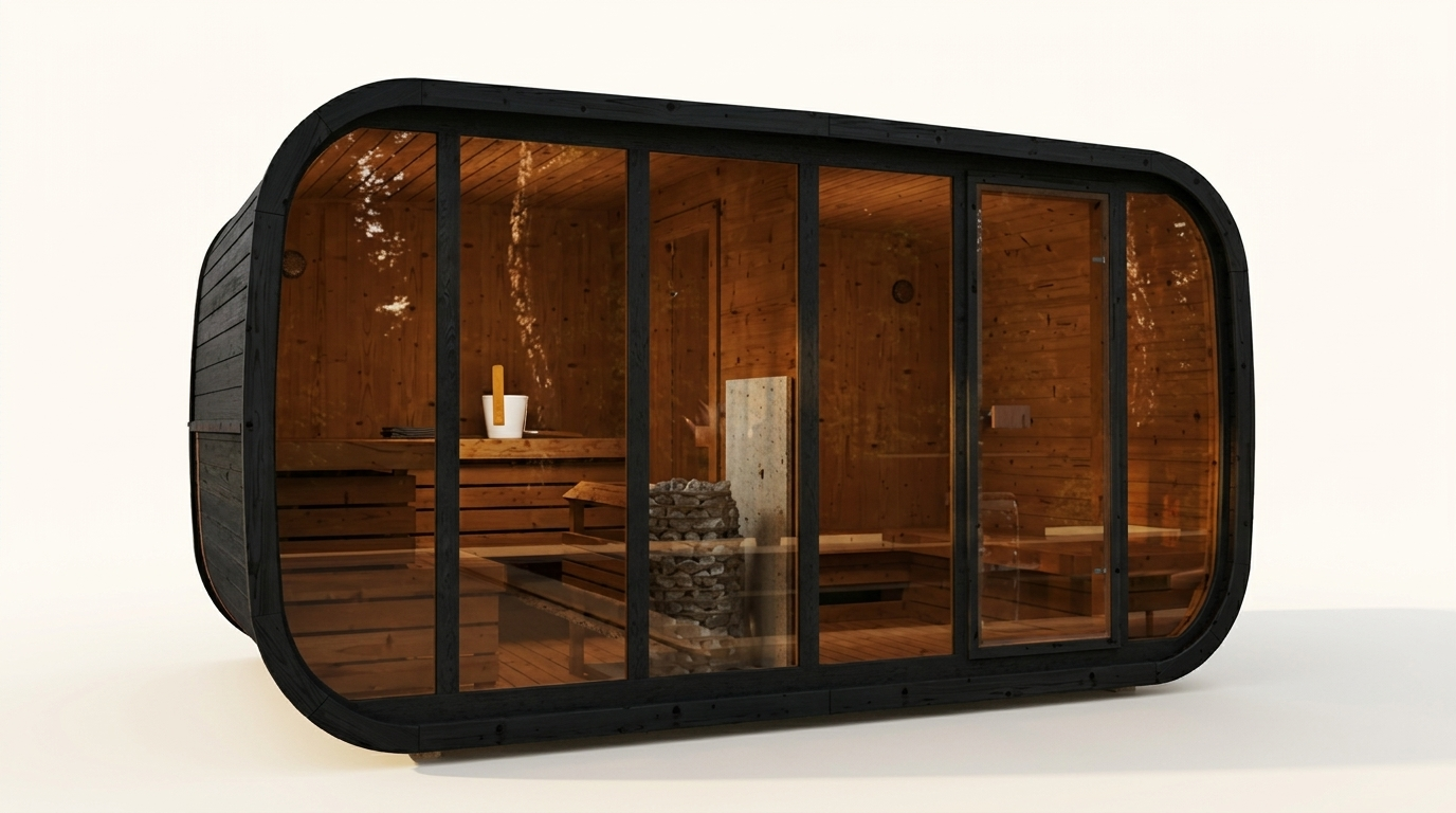 Sauna ogrodowa R-KLAAR W2 by Sieraj — czarna edycja, widok z boku na białym tle