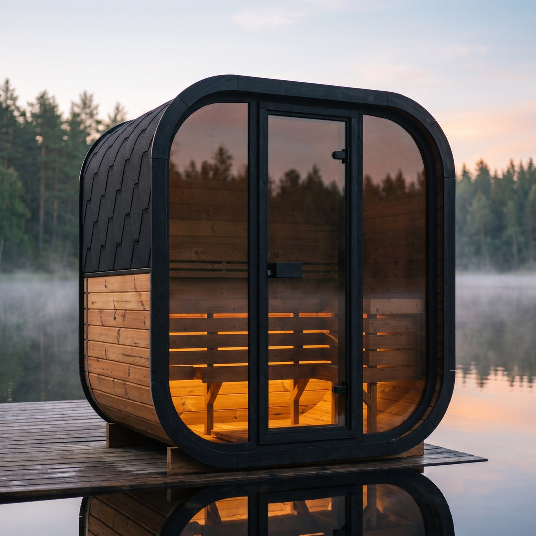 Finnische Gartensauna R-ILLY am Waldsee im Morgenlicht