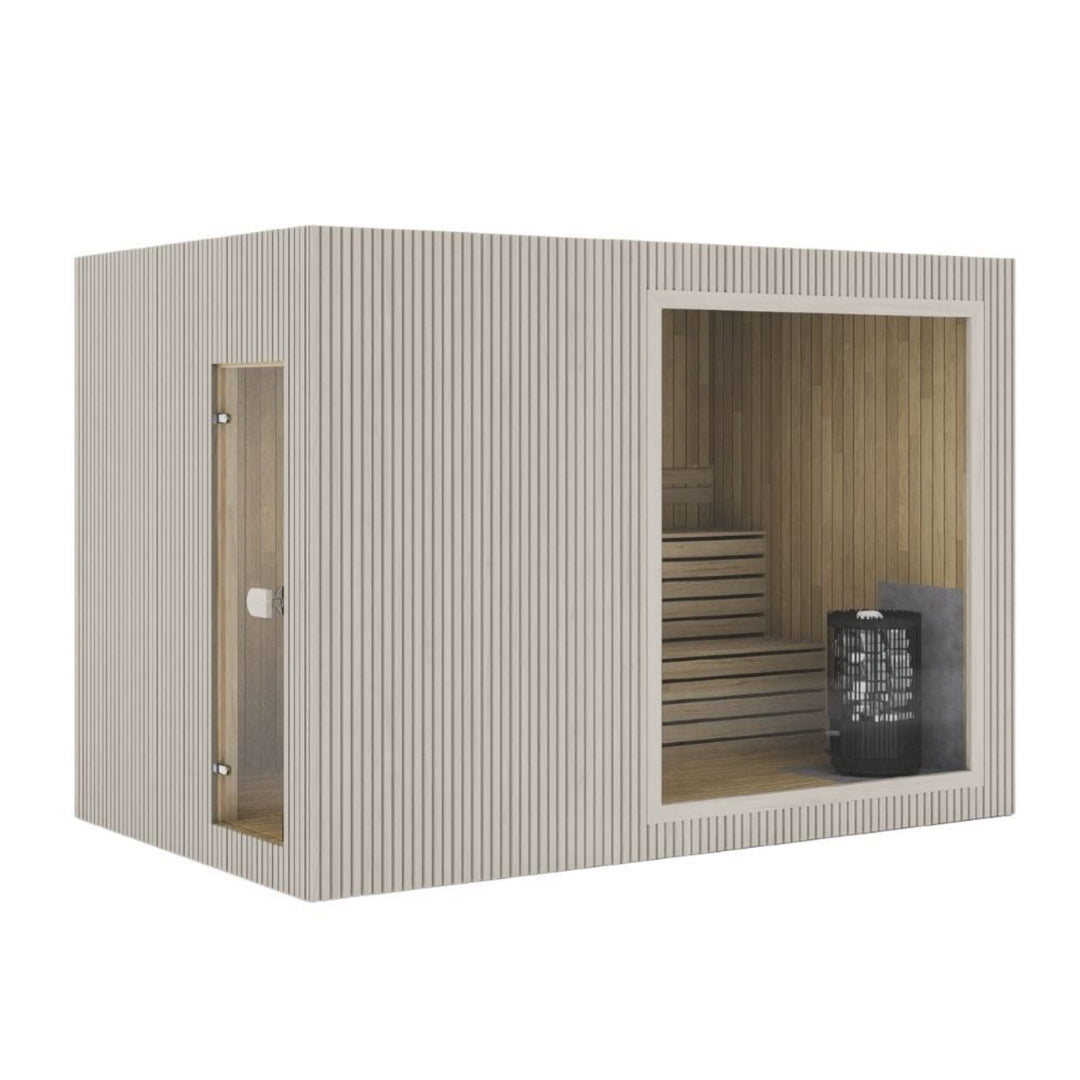 Große finnische Sauna VALO L Lounge in Beige – Glastür und breites Kabinenfenster mit Bänken und Harvia-Ofen