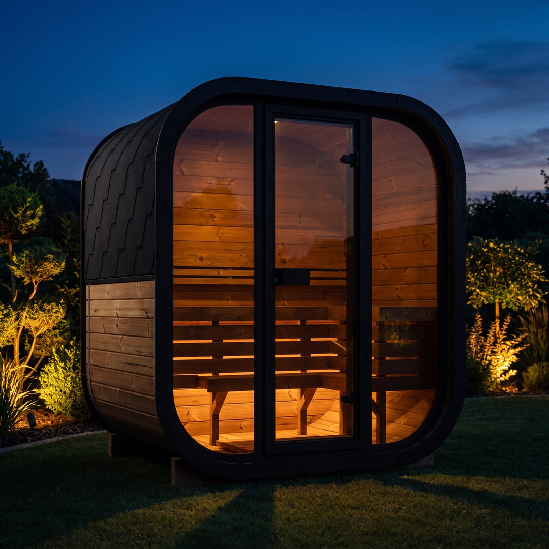 Gartensauna R-ILLY bei Nacht mit warm beleuchtetem Innenraum