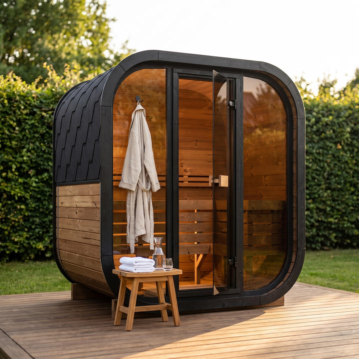 Terrassensauna R-ILLY mit offener Tür, Handtüchern und Bademantel