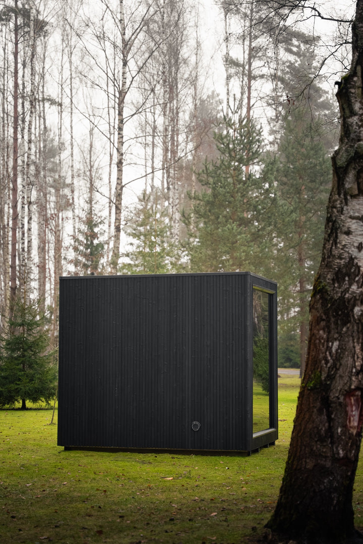 VALO L garden sauna – smooth black side wall and the edge of the glazed front, framed by a birch trunk