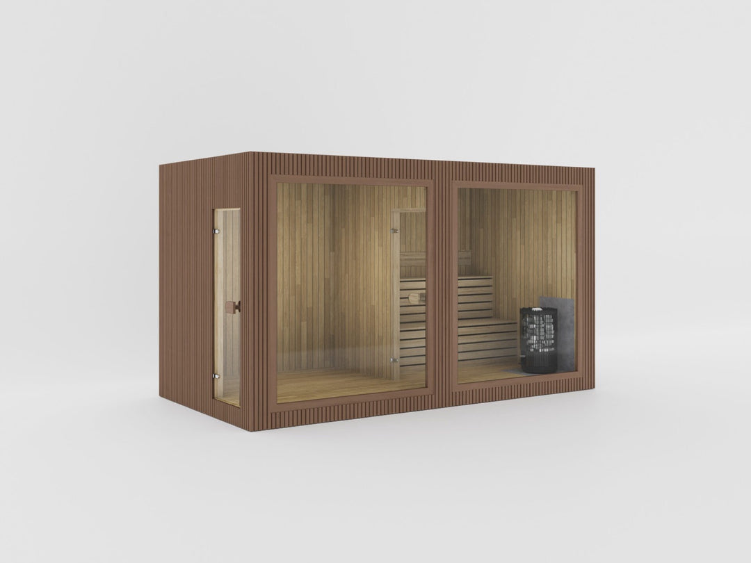 Sauna ogrodowa VALO L Lounge z brązową elewacją z listew – przeszklony pokój wypoczynkowy i sauna z piecem Harvia