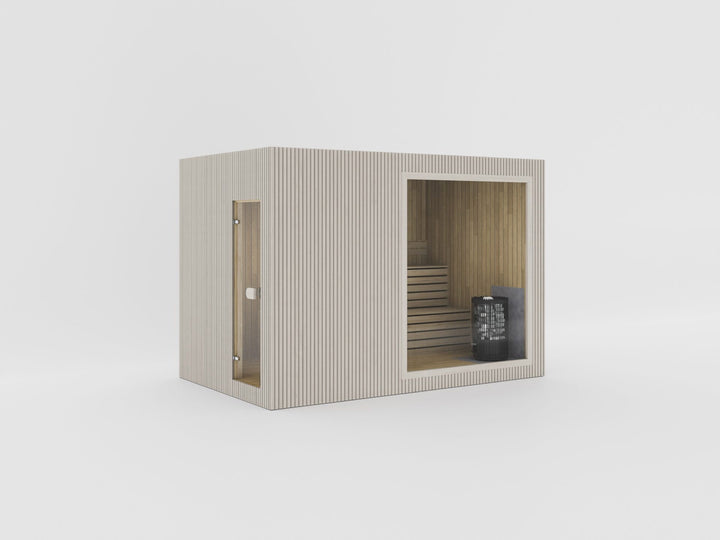 Gartensauna VALO S Lounge in Beige – Fassade aus senkrechten Leisten, Glastür und Saunafenster mit Harvia-Ofen