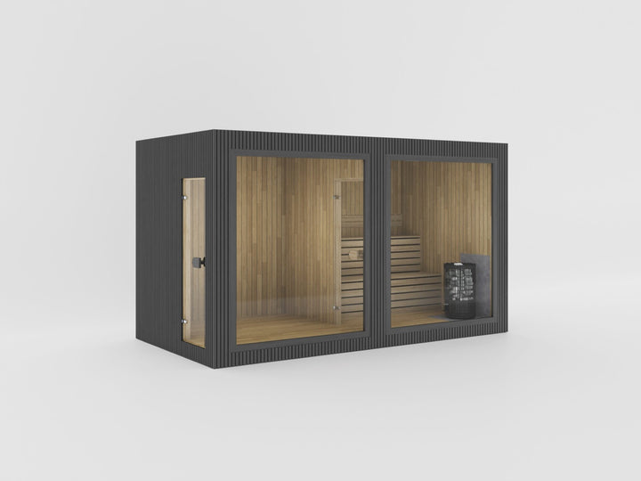 Gartensauna VALO S Lounge mit schwarzer Fassade – verglaster Ruheraum und Saunakabine mit Ofen