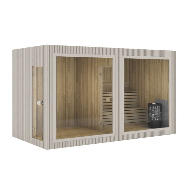 Gartensauna mit Ruheraum VALO S Lounge – zwei verglaste Frontfelder für Ruheraum und finnische Sauna, Fassade in Beige